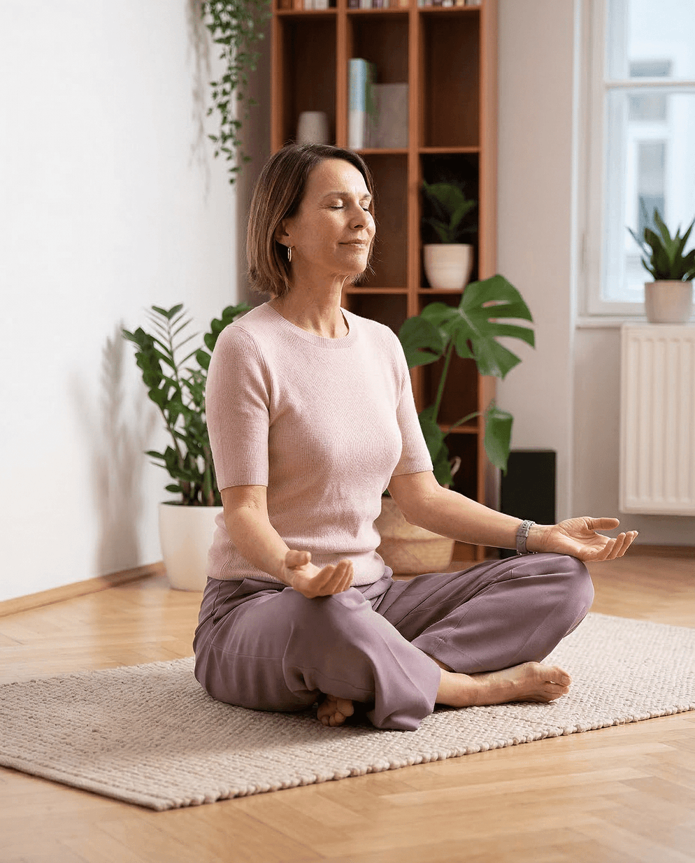 Frau Mitte 40 meditiert entspannt im Schneidersitz auf dem Wohnzimmerboden, barfuß, Augen geschlossen, in rosa Top und lila Hose.