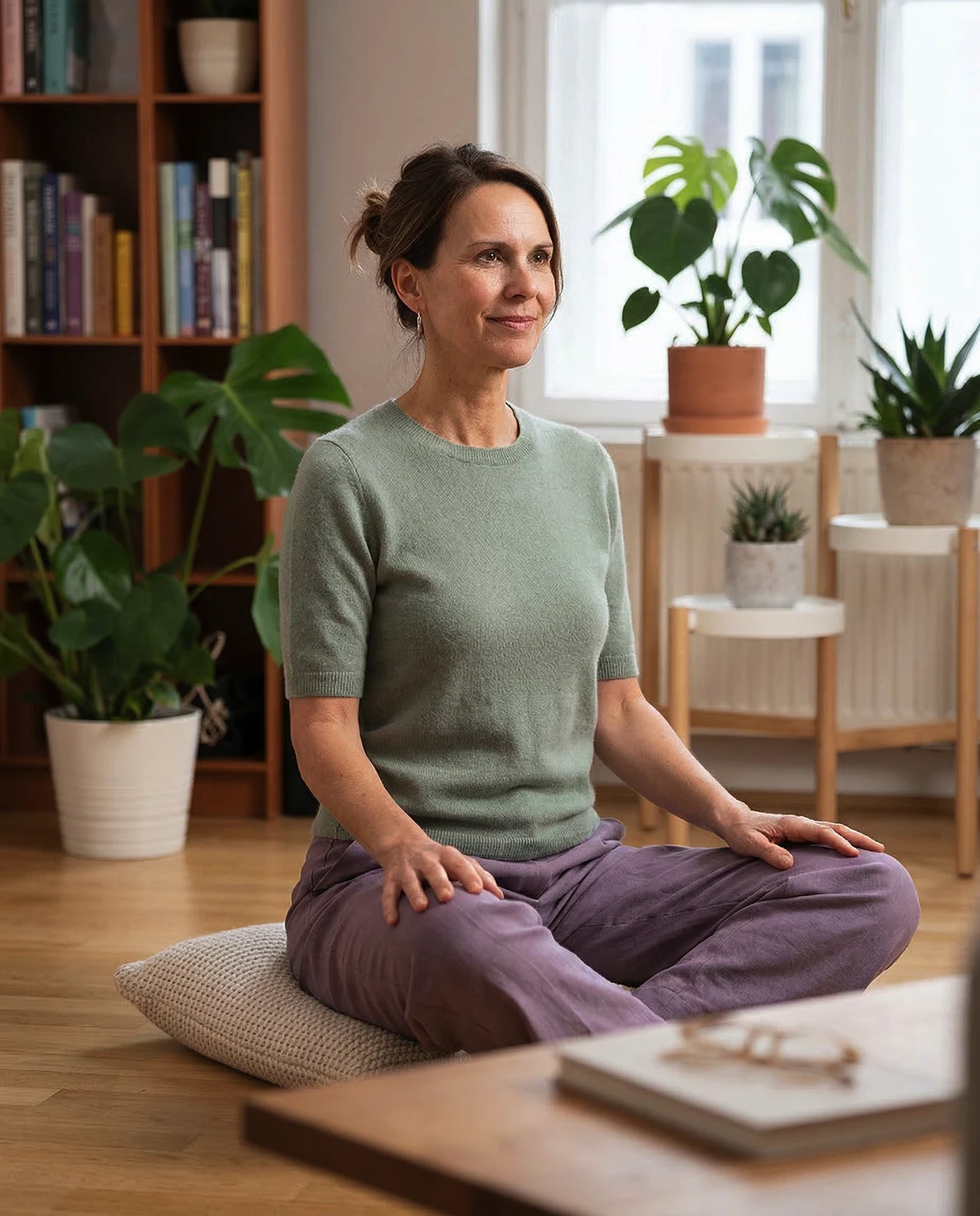 Frau Mitte 40 sitzt entspannt auf einem Sitzkissen auf dem Wohnzimmerboden, leicht lächelnd, in salbeigrünem Top und lila Hose, umgeben von Zimmerpflanzen.