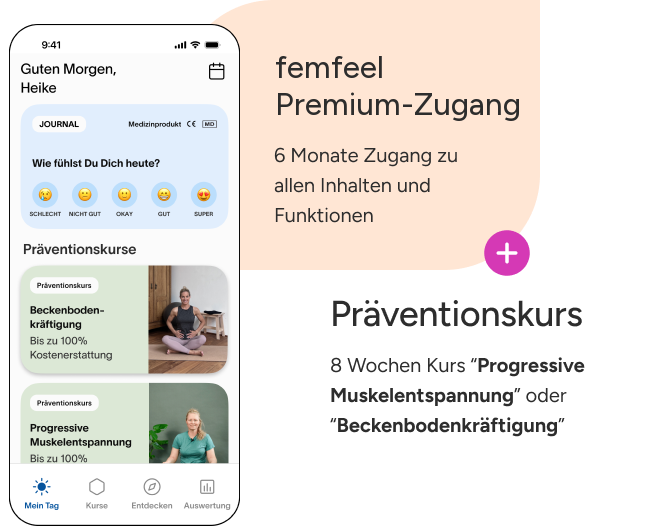 femfeel App mit dem Präventionskurs „Progressive Muskelentspannung“ und 6 Monaten Premium-Zugang